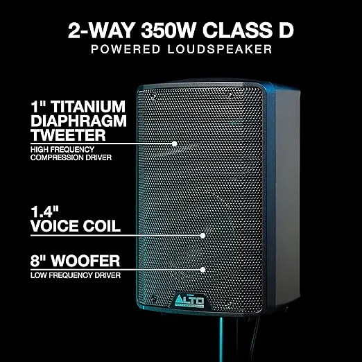 Alto Professional TX308 – 350W Powered DJ Speakers, PA System with 8" Woofer for Mobile DJ and Musicians, Small Venues, Ceremonies and Sports Events