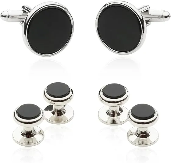 Cuff-Daddy Mens Genuine Black Onyx Silver Tuxedo Cufflinks and Studs with Travel Presentation Gift Box