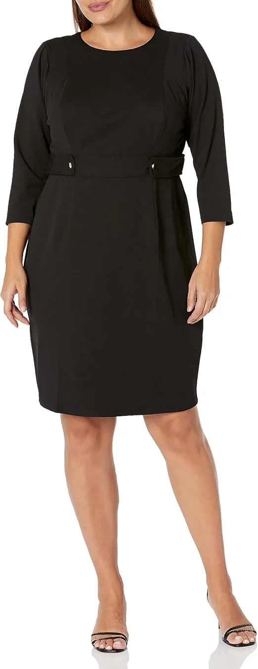 London Times Women's Work Office Business Sheath Dress with Button Waist Detail