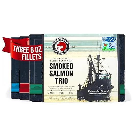SeaBear - Premium Wild Alaskan Smoked Sockeye, Coho, and Pink Salmon Trio - 18oz Box