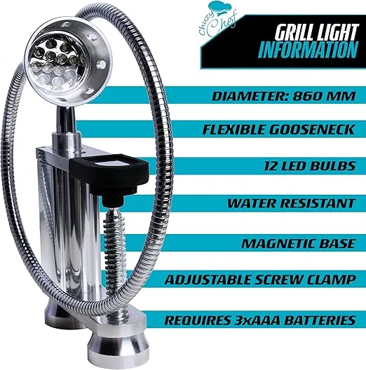 Magnetic BBQ Led Grill Light - 12 Super Bright LED Lights Adjustable 360 Degree Flexible Gooseneck & Screw Clamp for Outdoor & Indoor Barbeque Grill Lights Water Weather Resistant