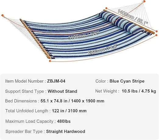VEVOR Double Quilted Fabric Hammock, 12 FT Double Hammock with Hardwood Spreader Bars, 2 Person Quilted Hammock with Detachable Pillow and Chains for Camping Outdoor Patio Yard Beach, 480 lbs Capacity