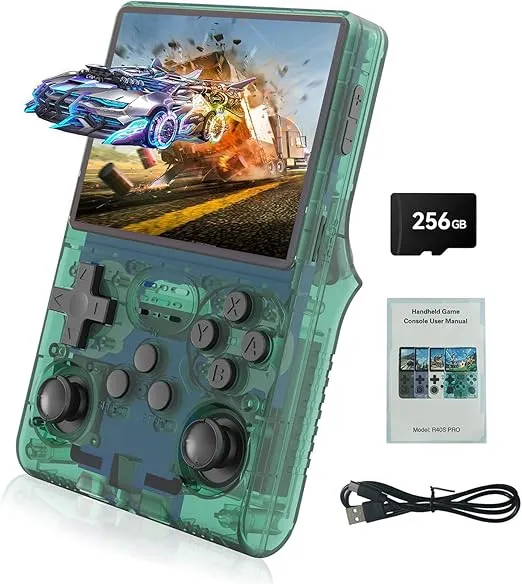 GWALSNTH R40S Pro Handheld Game Console, 30000 HD Games Mini Portable Video Game Console, 3.5-Inch IPS Screen,256GB Memory,Built in 45 Emulators,3800mAh Battery(Transparent Green 256GB)