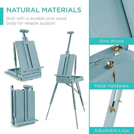 Best Choice Products French Easel, 32pc Beginners Kit Portable Wooden Folding Adjustable Sketch Box Artist Tripod for Painting, Drawing w/Acrylic Paints, Brushes, Canvases, Palettes - Blue