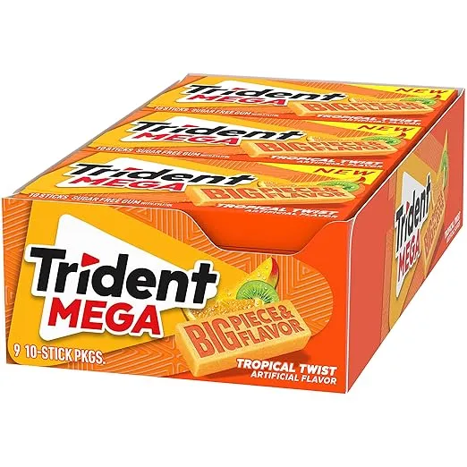 Trident Mega Tropical Twist Sugar Free Gum, 9 Packs of 10 Pieces (90 Total Pieces)