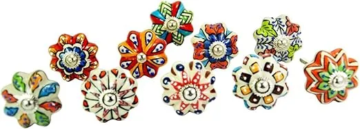 DORPMARKET Set of 10 Vintage Color Multi Designed Ceramic Cupboard Cabinet Door Knobs Drawer Pulls & Chrome Hardware