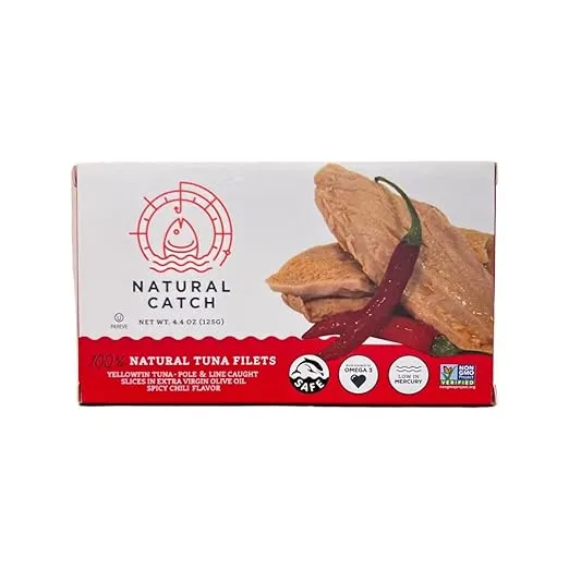 Natural Catch Tuna Spicy Yellowfin Filets, Hand Cut, Pole & Line Caught, 130 Calories Gluten-Free, Paleo, Keto Friendly, Premium Yellowfin Tuna in Extra Virgin Olive Oil and Spicy Chili's (4.4 oz per can- Pack of 12) (Yellowfin Spicy Tuna)