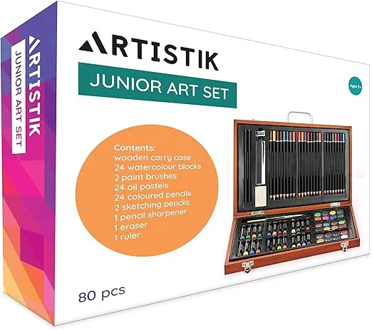 Deluxe Art Set for Kids - 80 Piece Art Supplies Kit w/ Wood Case, Creative Professional Art Box for Teens and Adults, Drawing, Watercolor Painting and Coloring Kid Gift for Boys, Girls All Ages