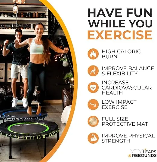 Leaps and ReBounds Mini Trampoline for Adults And Kids - Rebounder with Online Workout Videos - For Outdoor Games, Fitness, and Recreational Activities - Safe, Quiet, Durable Cardio Exercise Equipment