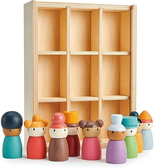 Tender Leaf Toys - Happy Folk Hotel - 9 Pcs Wooden Diversity Peg Dolls Open-Ended Toys - Montessori People Figures Play Set - Age 3+