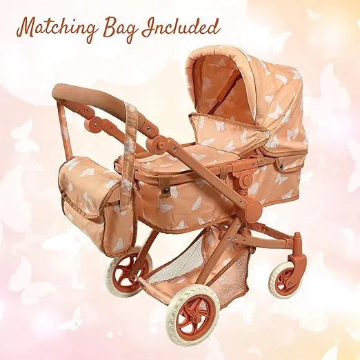 Convertible Combo Baby Doll Stroller for 3 Year Old Girls & Up | Play Toy Baby Stroller for Dolls, Folding Adjustable Bassinet Carriage Buggy with Storage Basket (Beige Butterfly)