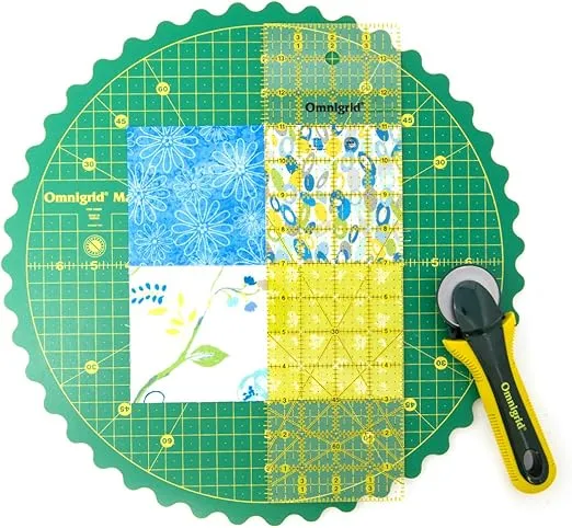 Omnigrid 14" 360° Rotating Self-Healing Cutting Mat, Ruler, and Rotary Cutter Quilting Set, Green
