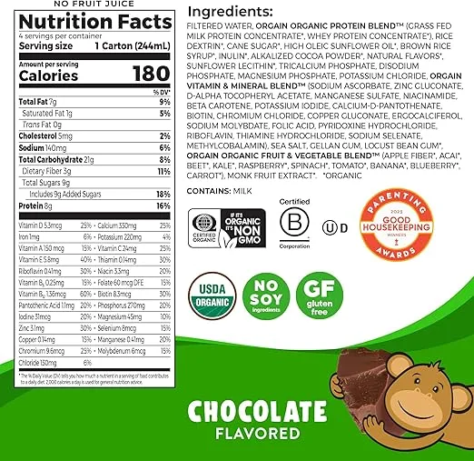 Orgain Organic Kids Nutritional Protein Shake, Chocolate, Healthy Kids Snacks, 8g Dairy Protein, 3g Fiber, 22 Vitamins & Minerals, No Soy Ingredients, Gluten Free, Non-GMO, 8.25 Fl Oz (Pack of 12)
