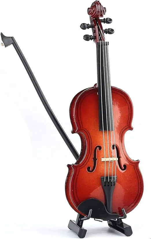Dselvgvu Wooden Miniature Violin with Stand,Bow and Case Mini Musical Instrument Miniature Dollhouse Model Ornament Home Decoration (5.63"x2.05"x0.75")