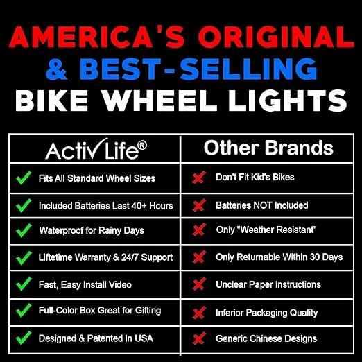 Activ Life 2-Tire Pack LED Bike Wheel Lights with Batteries Included! Get 100% Brighter and Visible from All Angles for Ultimate Safety and Style
