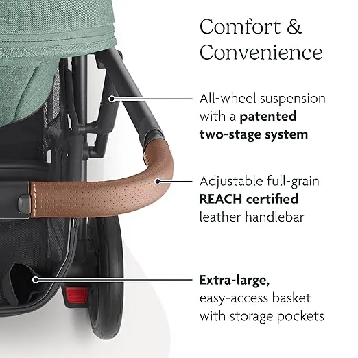 UPPAbaby Cruz V2 Stroller/Full-Featured Stroller with Travel System Capabilities/Toddler Seat, Bumper Bar, Bug Shield, Rain Shield Included/Gwen (Green Mélange/Carbon Frame/Saddle Leather)