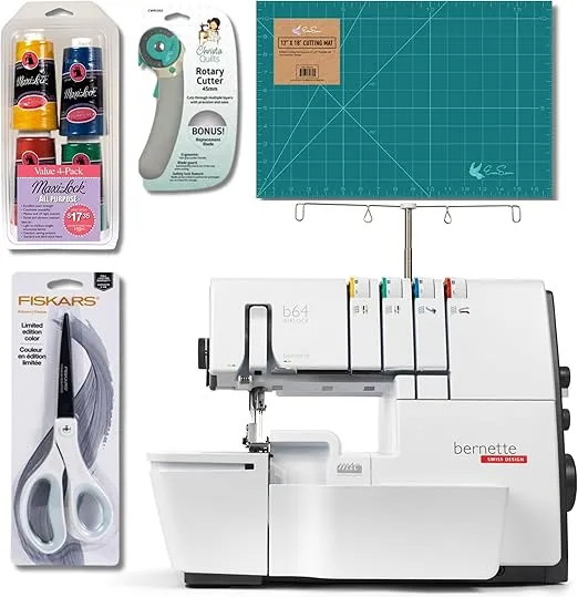 Bernette B64 Airlock Threading Coverstitch Overlock Serger Bundle with Scissors, Rotary Cutter, Threads Bundle and Self Healing Foldable Cutting Mat, Standard, White