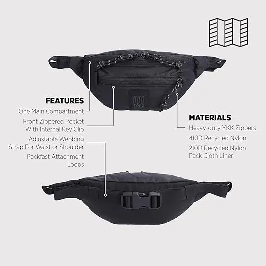 Topo Designs Mountain Waist Pack, Hip Bag, 100% Recycled Nylon Construction, 2L capacity, YKK Zips