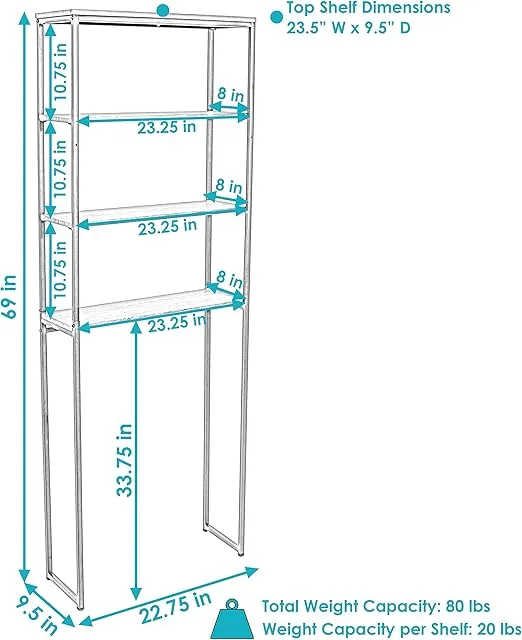Sunnydaze 69-Inch 4-Tier Over-The-Toilet Shelf - Open Shelves, Veneer Finish and Black Iron Frame - Oak Gray