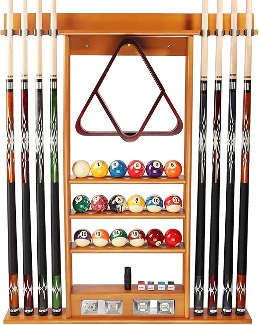 GSE Games & Sports Expert 8 Pool Cue Wall Rack with Score Counter, Pool Cue Stick Hanging Wall Mounting Rack Only, Holds 8 Pool Cue Sticks, 2 Ball Racks and Full Set of Balls (Oak)