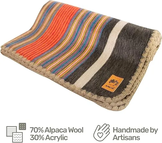 Alpaca Wool Blanket - Throw Size Bed Blanket - Alpaca Throw Blanket - Best Gift & Warm Blanket, Lightweight, Couch Blanket or Camp - Outdoor Blanket - 64 x 45 Inches (Orange & Blue)