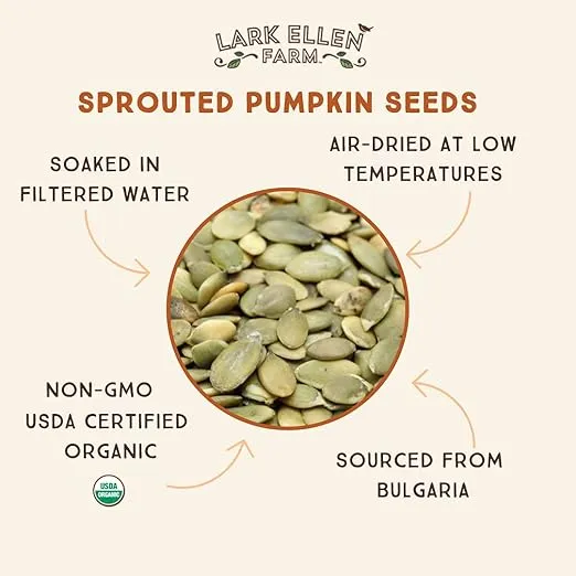 Lark Ellen Farm Sprouted Organic Pumpkin Seeds, Unsalted Raw Pumpkin Seeds Organic, Pepitas, Vegan, Non GMO, Gluten Free, Paleo, and Keto Friendly (14 oz, 3 Pack)