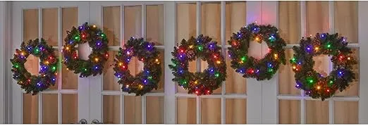BrylaneHome 18" Pre-Lit Arrow-Tip Wreaths, Set of 6 - Multi Color Lights