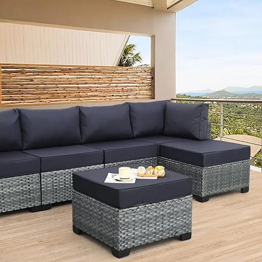 2 Piece Outdoor Patio Ottomans, All Weather Grey Wicker Footstool Footrest, Additional Seating Furniture with 5" Thick Cushions (Navy Blue)