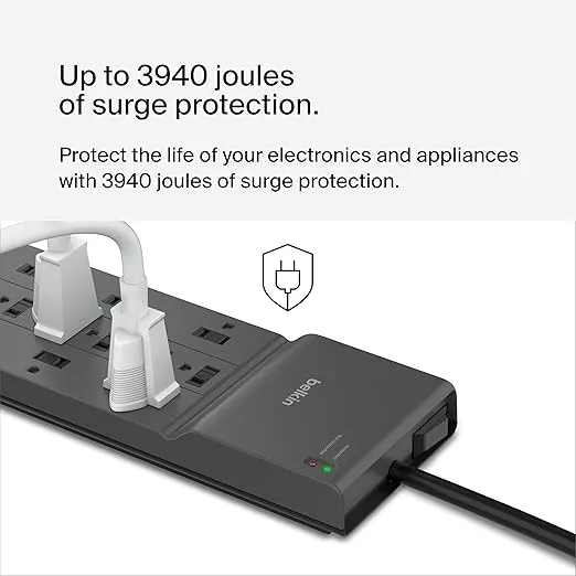 Belkin Power Strip Surge Protector with 8 Outlets, 6 ft Long Flat Plug Heavy Duty Extension Cord + Overload Protection for Home, Office, Travel, Compuer Desktop & Phone Charging Brick (3,550 Joules)