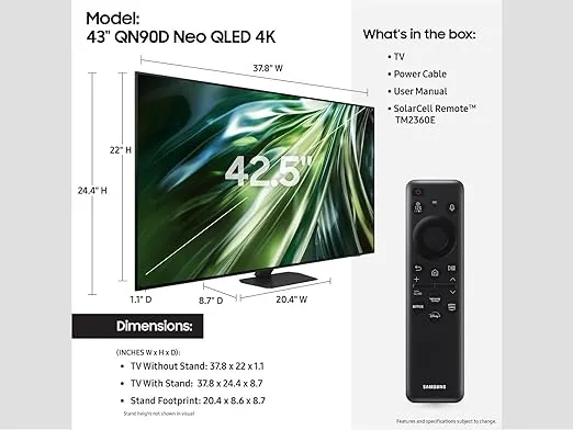 SAMSUNG 43-Inch Class QLED 4K QN90D Series Neo Quantum HDR Smart TV w/Dolby Atmos, Object Tracking Sound Lite, Motion Xcelerator, Real Depth Enhancer Pro, Alexa Built-in (QN43QN90D, 2024 Model)