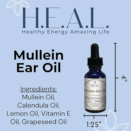 H.E.A.L. Mullein Ear Oil 1oz - Natural Blend with Mullein, Calendula, Lemon, Grapeseed, and Vitamin E Oils for Gentle Ear Care