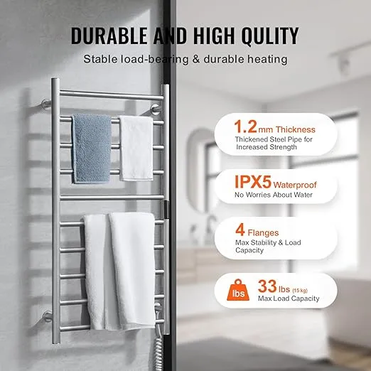 VEVOR 10 Bars Towel Warmer Rack, Wall Mounted Heated Towel Rack for Bathroom, IPX5 Waterpoof Towel Heater Rack with Timer & LED Display Screen, 5 Levels Adjustable Temperature Towel Heater, Silver