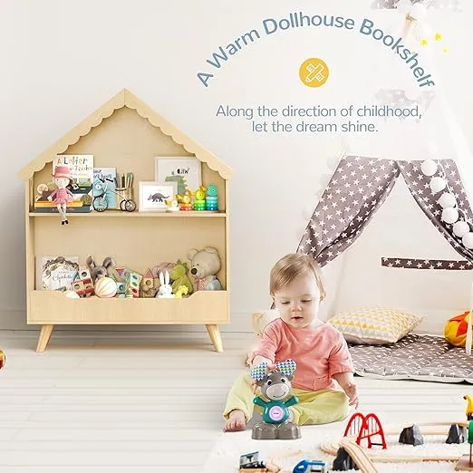 Kids Dollhouse Bookshelf, Wooden Bookcase Storage with Motion-Activated Light, 2-Tier Open Display Organizer for Toys and Books, Baby Bookshelf for Birthday, Christmas, Natural Wood Color