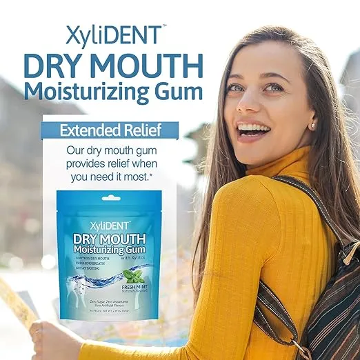 XyliDENT Dry Mouth Gum for Dry Mouth Relief with Monk Fruit, Xylitol, Stevia - Stimulates Saliva, Freshens Breath, Fast Acting Relief, Sugar Free, Aspartame Free, Natural, 40 Count (Fresh Mint)