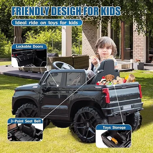 Chevy Silverado Kids Ride on Truck Toy w/Remote Control, 12V Kids Electric Car Vehicle Jeep Chevrolet Pickup Power Wheels for Toddlers to Drive, Music,LED Lights, Christmas Kids Gifts(Black)