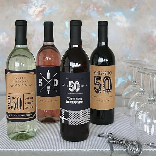 50th Milestone Birthday - Dashingly Aged to Perfection - Birthday Gift For Men - Wine Bottle Label Stickers - Set of 4