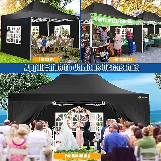 HOTEEL 10x15 Pop Up Canopy Tent, Heavy Duty Easy Setup Canopy with Sidewalls Waterproof & UPF 50+, Commercial Instant Party Tent with Roller Bag & Sand Bags, Black (Frame Thickened & Windproof)