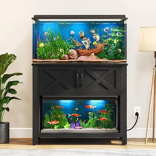 DWVO Heavy Duty Metal Aquarium Stand with Power Outlets, Cabinet for Fish Tank Accessories Storage - Suitable for 40-50 Gallon Fish Tank Stand, Turtle Tank, Reptile Terrarium, 660LBS Capacity, Black