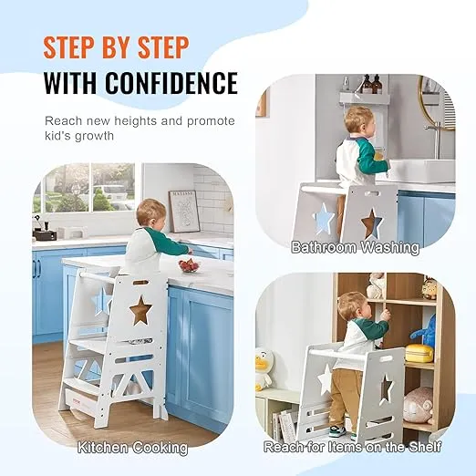 VEVOR Tower Step Stool, 3-Level Height Adjustable Toddler Step Stools for Kids, Bamboo Kitchen Stool, Standing Tower Learning Stool with Safety Rail for Kitchen Counter Bathroom, 350LBS, White