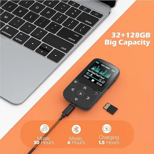 AGPTEK 64GB MP3 Player with Clip, Bluetooth 5.3 Lossless Sound with FM Radio, Voice Recorder for Sport Running, Supports up to 128GB TF Card, Black