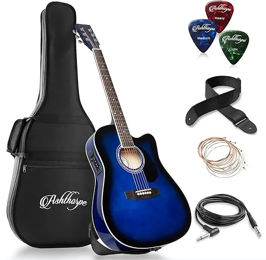 Ashthorpe Full-Size Cutaway Thinline Acoustic-Electric Guitar Package - Premium Tonewoods - Blue
