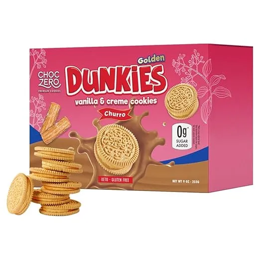 ChocZero Churro Creme Vanilla Sandwich Cookies - Low Sugar, Gluten Free, Keto Friendly Dunkies (1 Box, 9oz)