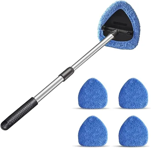 Windshield Cleaning Tool, Car Window Cleaner with 4 Washable Reusable Microfiber Pads, Extendable Long Handle Glass Wiper Cleaning Kit, Auto Accessories Universal for Office and Home (Blue)