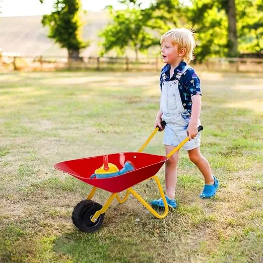 Costzon Kids Wheelbarrow, Metal Construction Toys Kart, Child Wheel Barrel w/Non-Slip Handle, Wearable Wheels, Yard Rover Steel Tray, Tote Dirt/Leaves/Tools in Garden for Toddlers (Red)