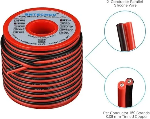 BNTECHGO 18 Gauge Flexible 2 Conductor Parallel Silicone Wire Spool Red Black High Resistant 200 deg C 600V for Single Color LED Strip Extension Cable Cord,Model,50ft Stranded Tinned Copper Wire