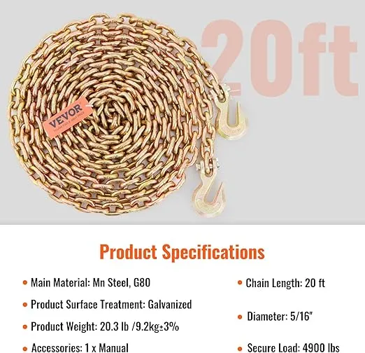 VEVOR Transport Binder Chain, 5/16''x20' Tow Chain with Grab Hooks, 4900lbs Safe Working Load, G80 Heavy Duty Chain, Logging Chain for Transporting Towing, Tie Down Binding Equipment
