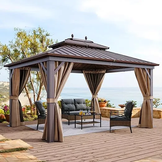 YITAHOME 10x12ft Hardtop Gazebo with Nettings and Curtains, Heavy Duty Double Roof Galvanized Steel Outdoor Combined of Horizontal Vertical Stripes Roof for Patio, Backyard, Deck, Lawn (Bronze)