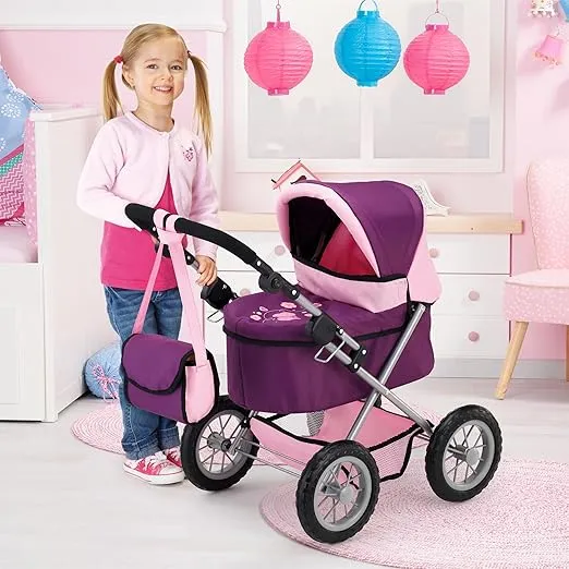 Bayer Design Dolls: Trendy Pram - Purple & Pink - Includes Shoulder Bag, Fits Dolls Up to 18", Adjustable Handle, Kids Pretend Play, Shopping Basket, Easy to Fold, Ages 3+