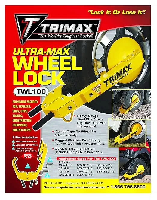 Trimax TWL100 Ultra-Max Adjustable Wheel Lock, Yellow/Black