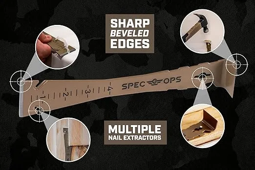 Spec Ops Tools 9.5" Trim Bar, Pry Bar, High Carbon Spring Steel, Built in Ruler and Pry Bar, Beveled Edges, Nail Puller, 3% Donated to Veterans